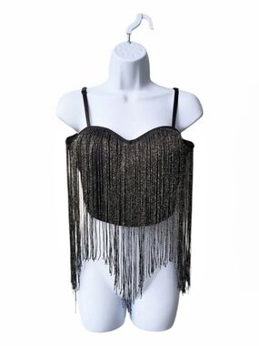 Say What Black Metallic Fringe Festival Party Concert Crop Convertible Bra Top L